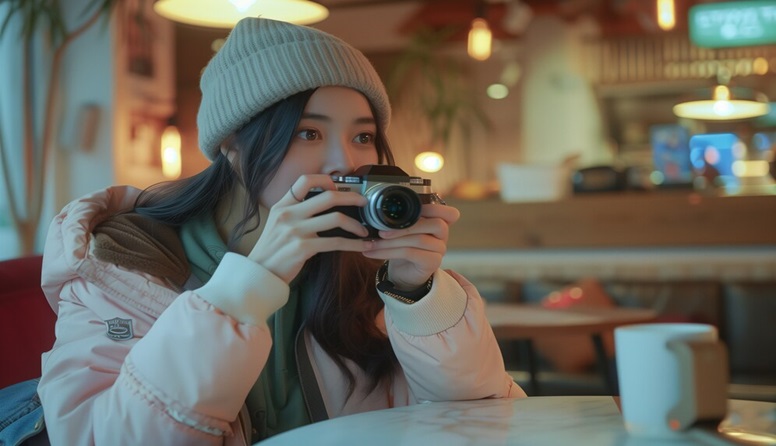 young women holding camera